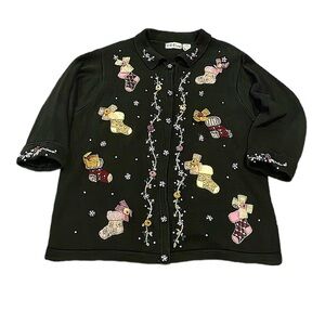 B.P. Designs Vintage Black Christmas Stocking 3/4 Sleeve Sweater Size XL